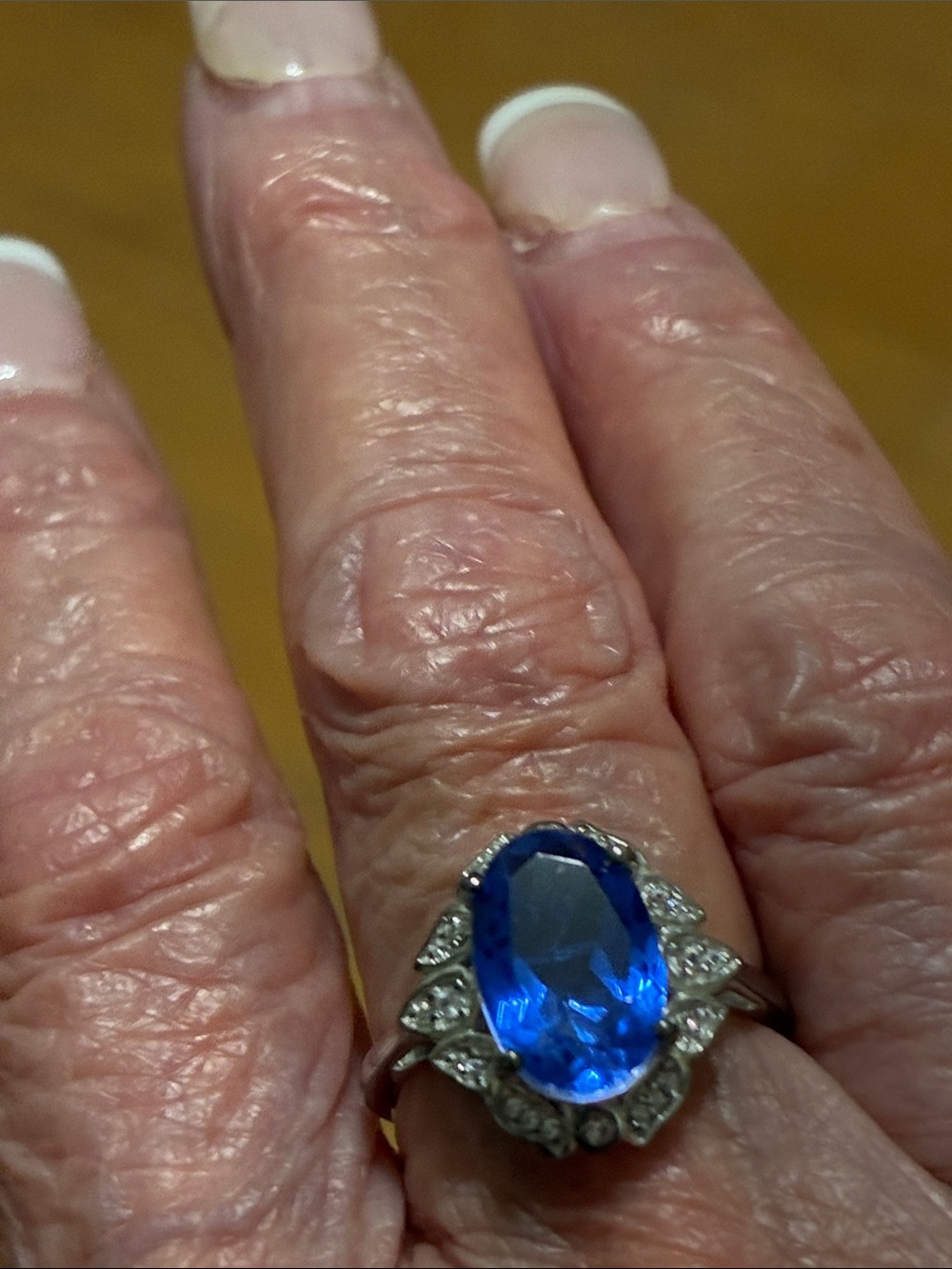 Blue Quartz size 7 in platinum over sterling made in USA